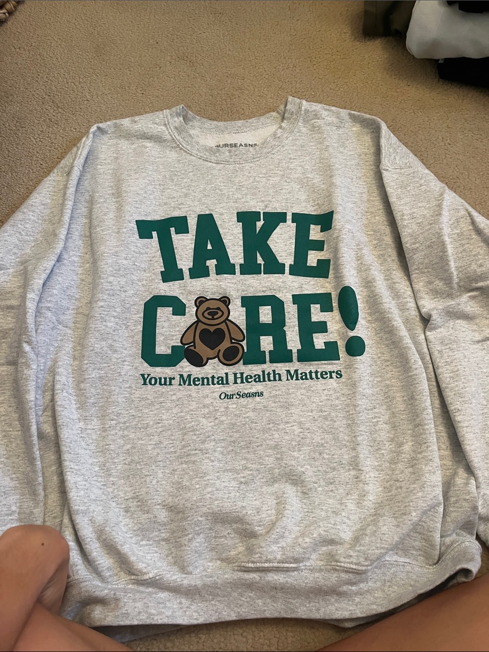 Our Seasons women’s 'Take Care' Gray Sweatshirt with Green Print